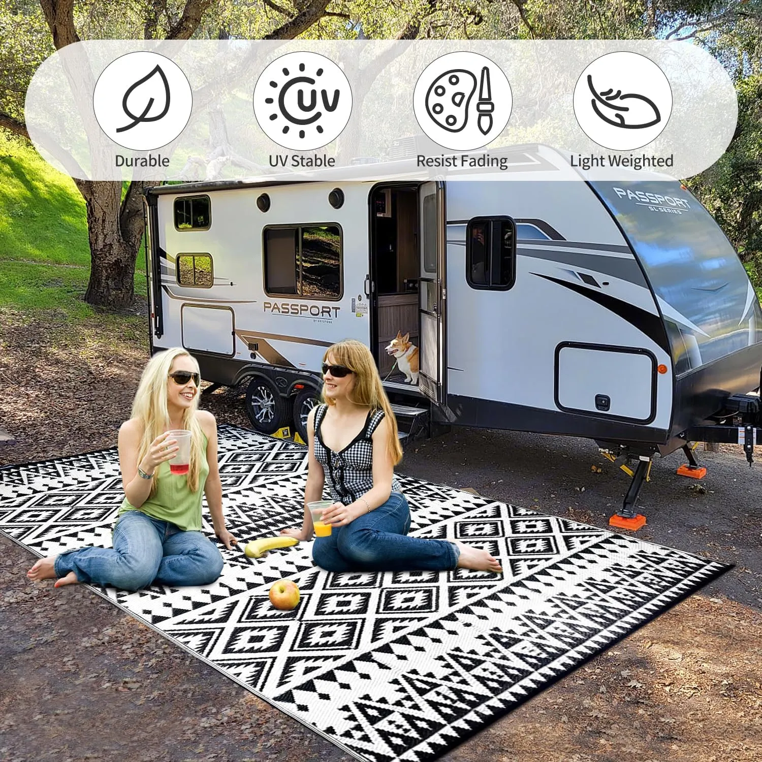 Waterproof Outdoor Rug 5x8ft, Bohemia Reversible Plastic Straw Mat for Patio RV Deck Porch Backyard Balcony Camping Picnic Beach Indoor Outdoor Carpet, Black&White