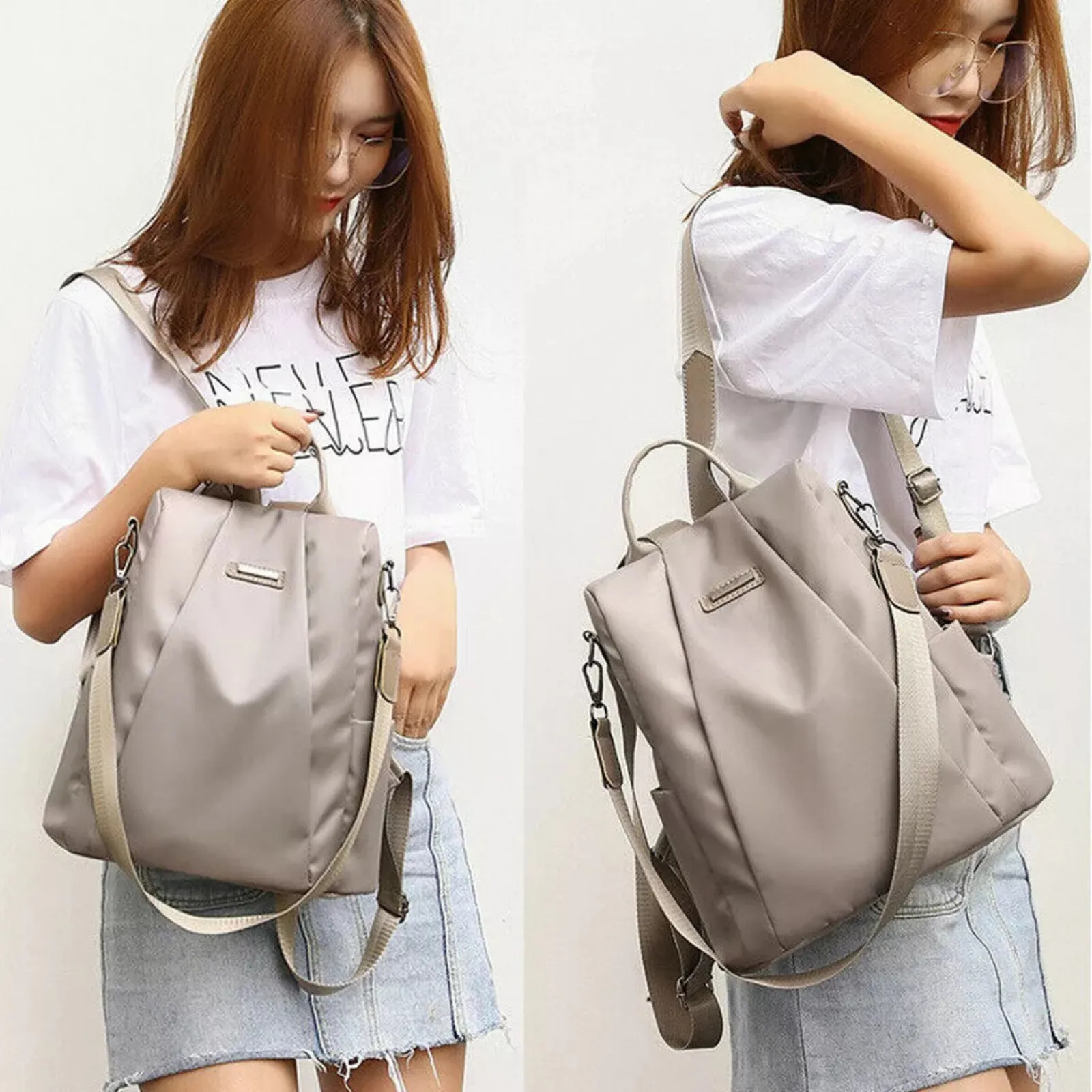 Waterproof Oxford Women Anti-theft Double Shoulder Bag Travel Backpack Khaki