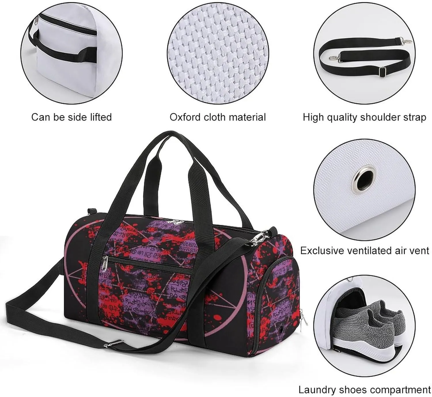 Waterproof Skulls Pentagrams Travel Duffel Bag with Shoe Compartment Gym Weekender