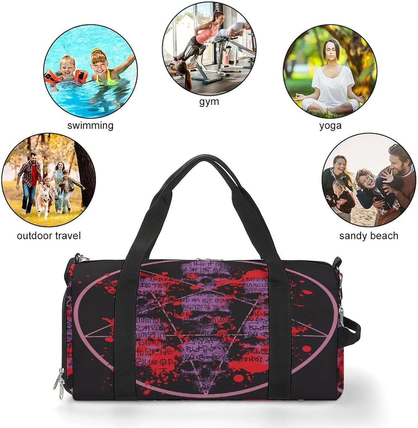 Waterproof Skulls Pentagrams Travel Duffel Bag with Shoe Compartment Gym Weekender