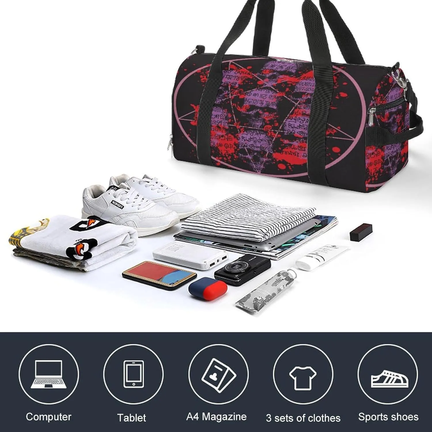 Waterproof Skulls Pentagrams Travel Duffel Bag with Shoe Compartment Gym Weekender