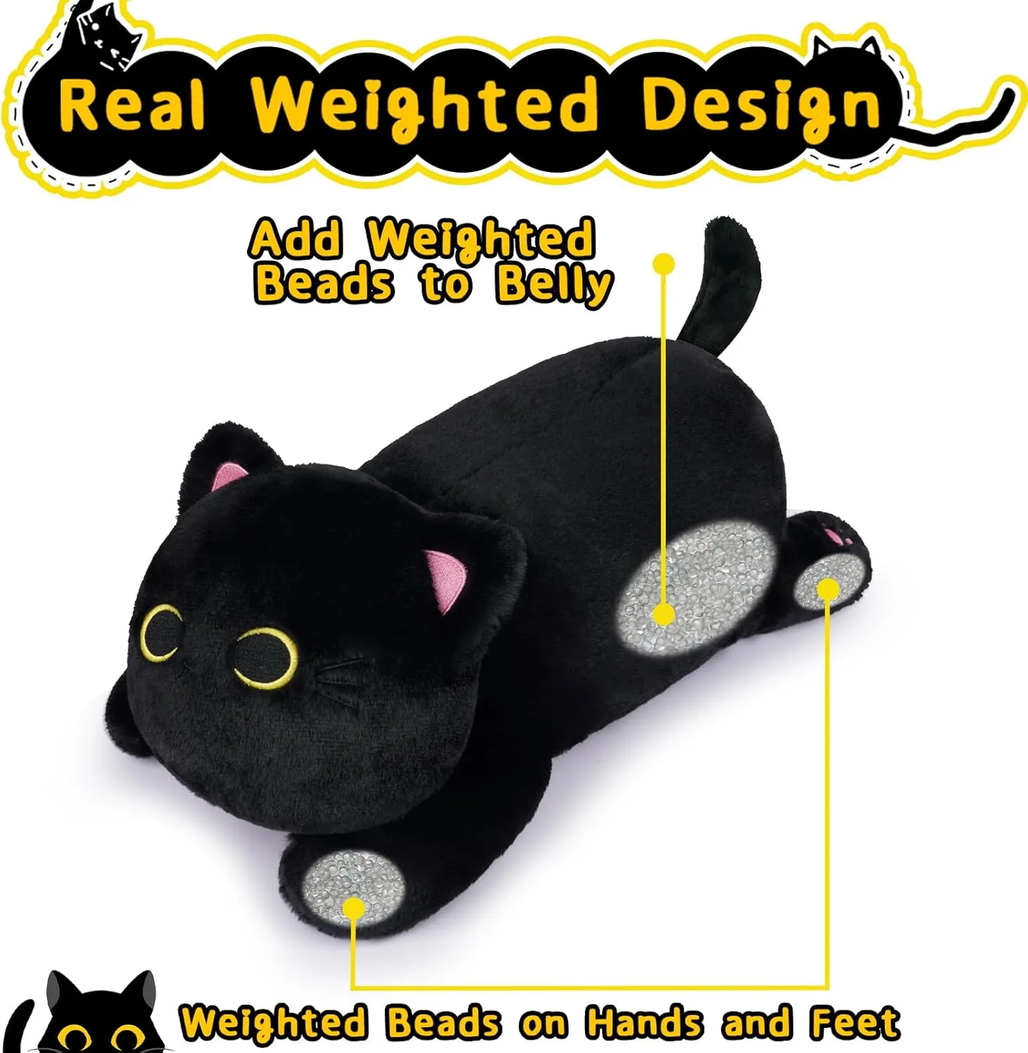 Weighted Stuffed Animals - Weighted Black Cat Plush,18in Weighted Cat Stuffed Animal,Cute Large Black Cat Plushie Soft Hugging Kitten Plush Pillow Toy Gifts for Kids Boys Girls
