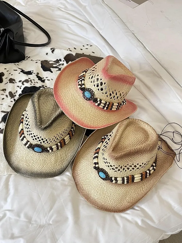 Western Straw Cowboy Hat for Men and Women Beach Sun Hat Jazz Cap Outdoor Summer Protection