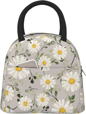 White Daisy Flower Insulated Lunch Bag Handbag lunchbox Food Container Gourmet Tote for School Office Work Picnic Travel