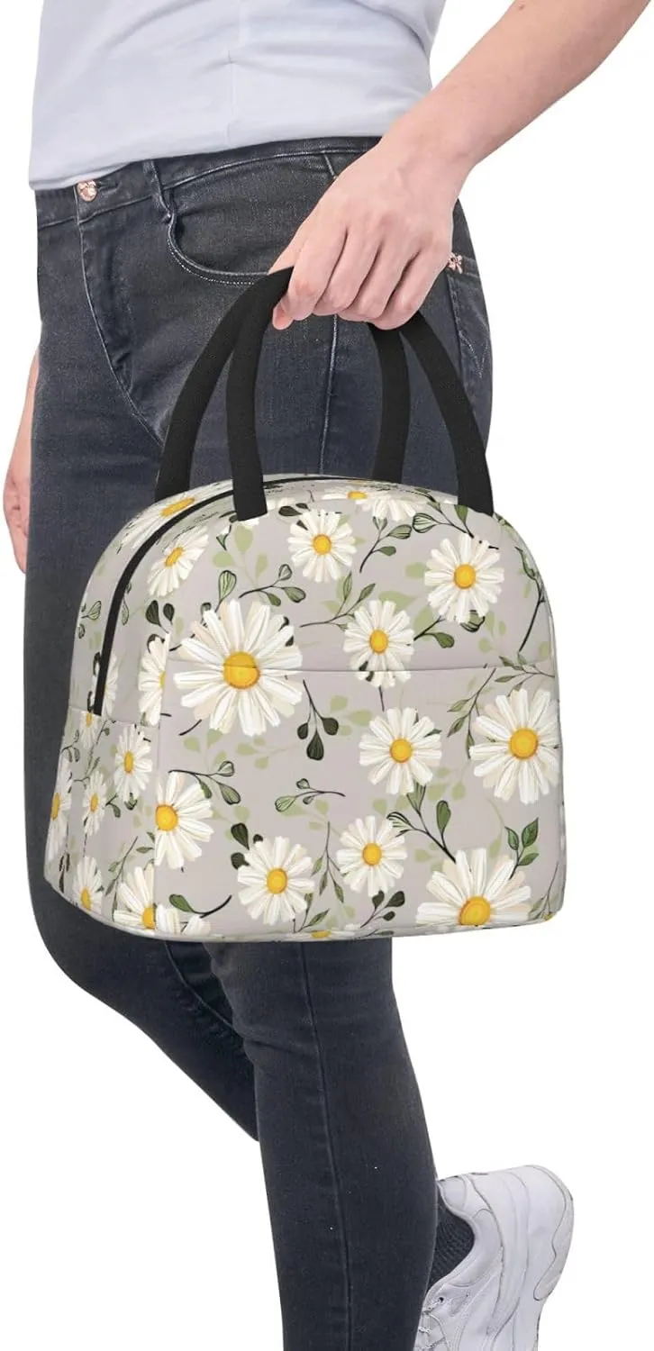 White Daisy Flower Insulated Lunch Bag Handbag lunchbox Food Container Gourmet Tote for School Office Work Picnic Travel