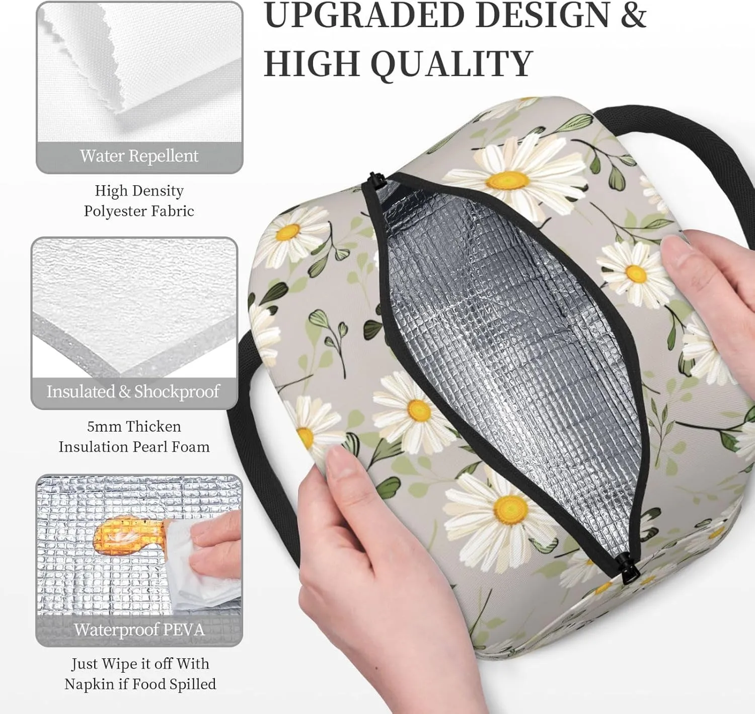 White Daisy Flower Insulated Lunch Bag Handbag lunchbox Food Container Gourmet Tote for School Office Work Picnic Travel