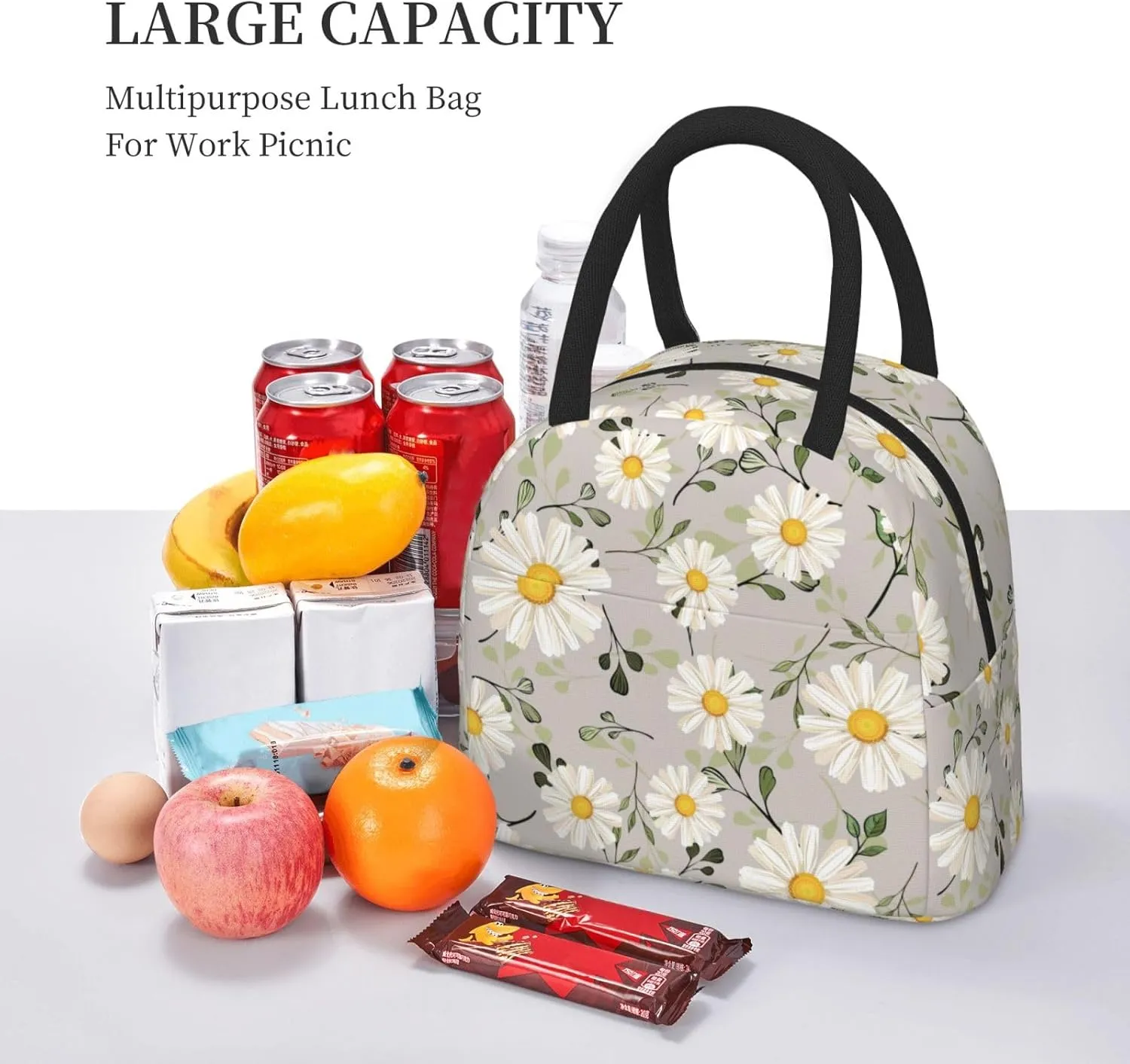White Daisy Flower Insulated Lunch Bag Handbag lunchbox Food Container Gourmet Tote for School Office Work Picnic Travel