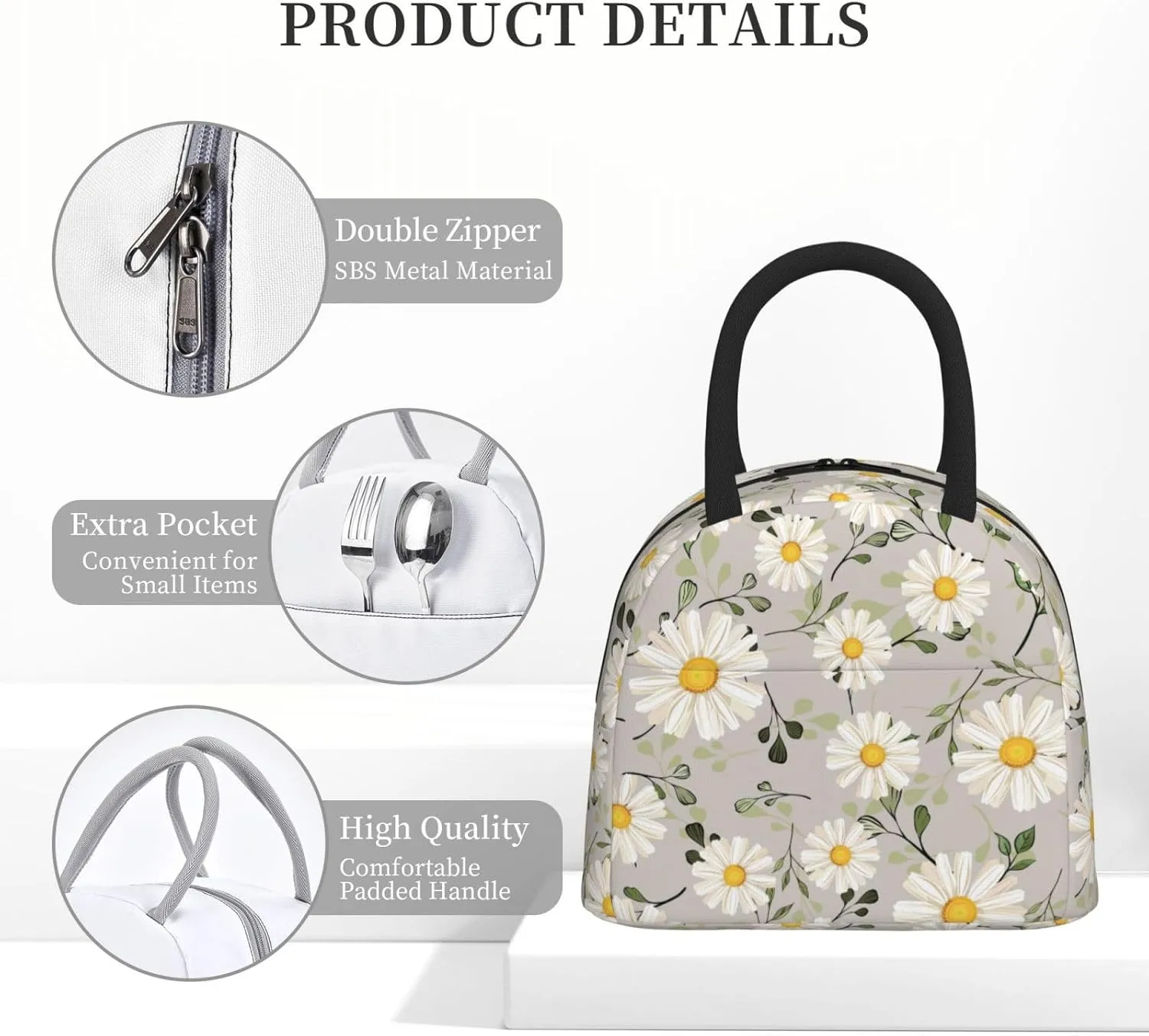 White Daisy Flower Insulated Lunch Bag Handbag lunchbox Food Container Gourmet Tote for School Office Work Picnic Travel