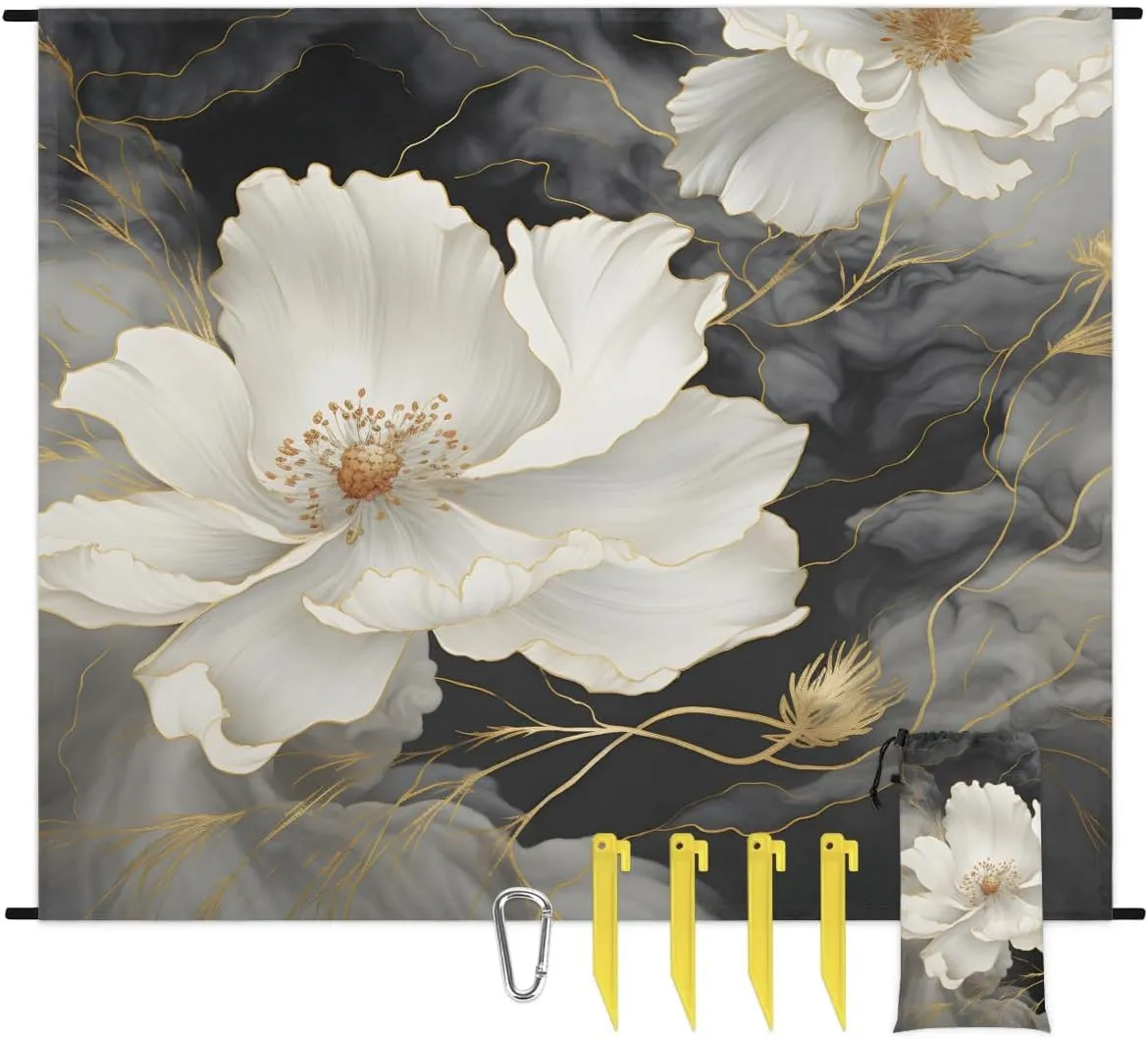 White Flower Beach Blanket, Sandproof Beach Mat, 68 x 59 Waterproof Quick Drying Sand Free Mat with 4 x Ground Spikes for Outdoor Travel Camping Hiking, Floral