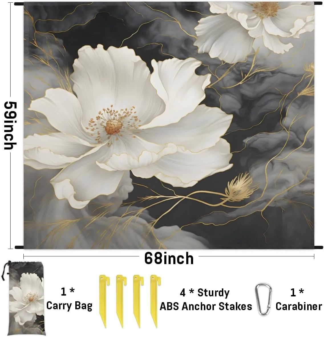 White Flower Beach Blanket, Sandproof Beach Mat, 68 x 59 Waterproof Quick Drying Sand Free Mat with 4 x Ground Spikes for Outdoor Travel Camping Hiking, Floral