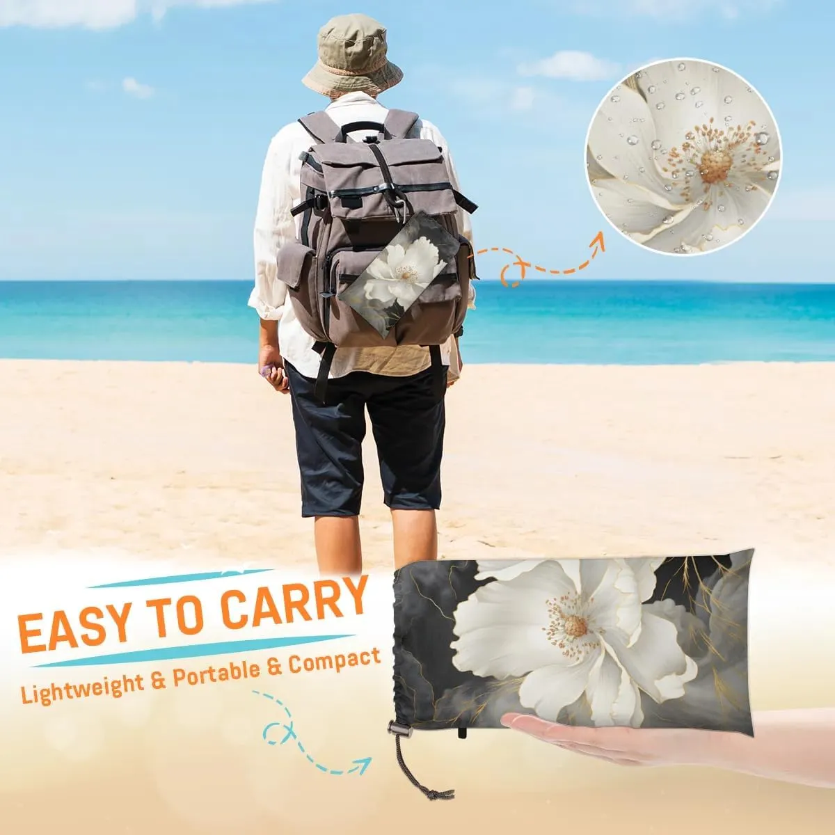White Flower Beach Blanket, Sandproof Beach Mat, 68 x 59 Waterproof Quick Drying Sand Free Mat with 4 x Ground Spikes for Outdoor Travel Camping Hiking, Floral