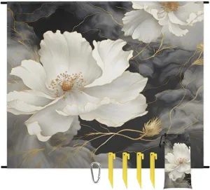 White Flower Beach Blanket, Sandproof Beach Mat, 68 x 59 Waterproof Quick Drying Sand Free Mat with 4 x Ground Spikes for Outdoor Travel Camping Hiking, Floral
