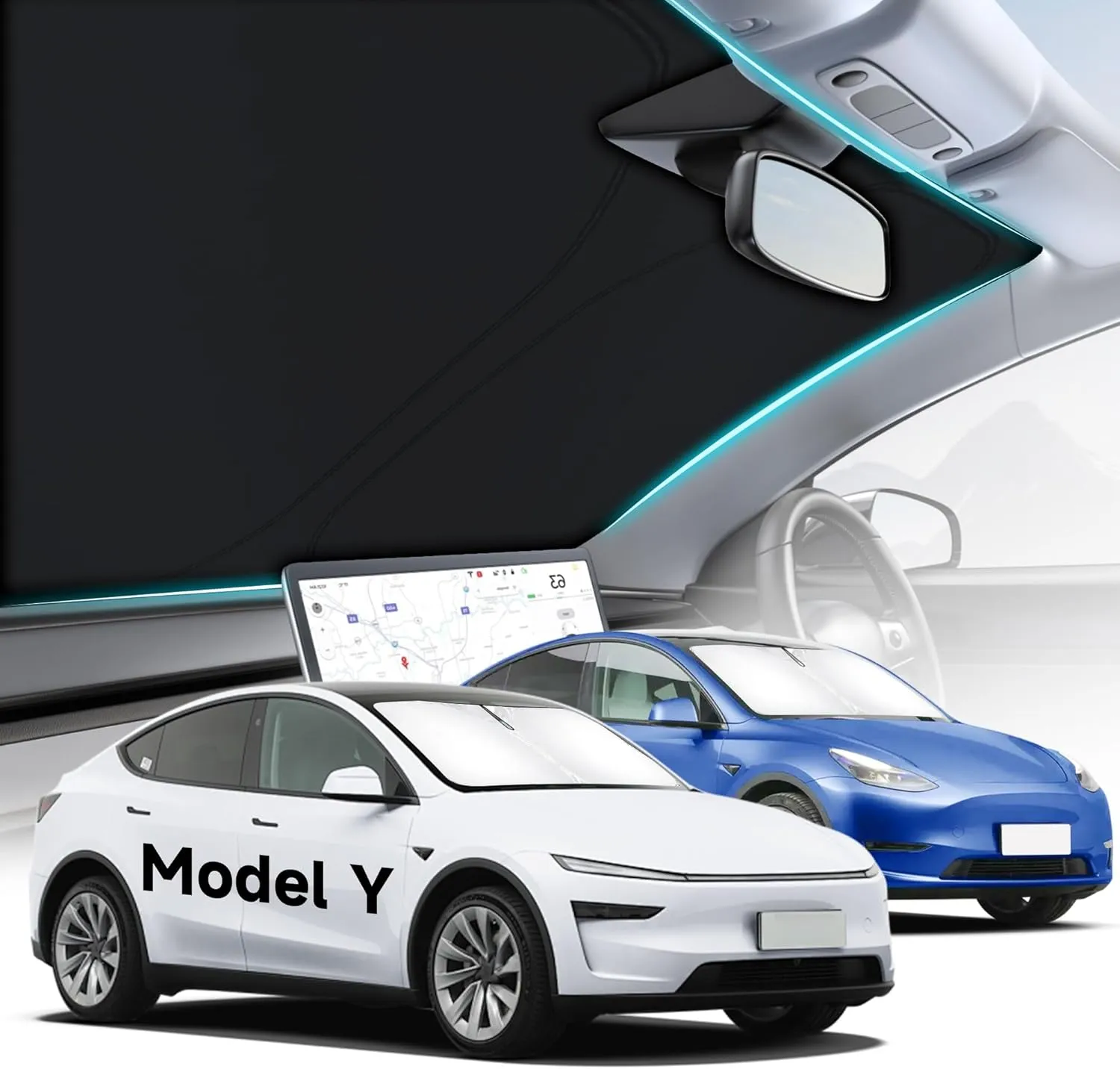 Windshield Sunshade for Tesla Model Y 2016-2025, 100% Sun Blockage, Heat Insulation, Foldable Design with Storage Bag, OEM Fit for Model Y Interior Protection