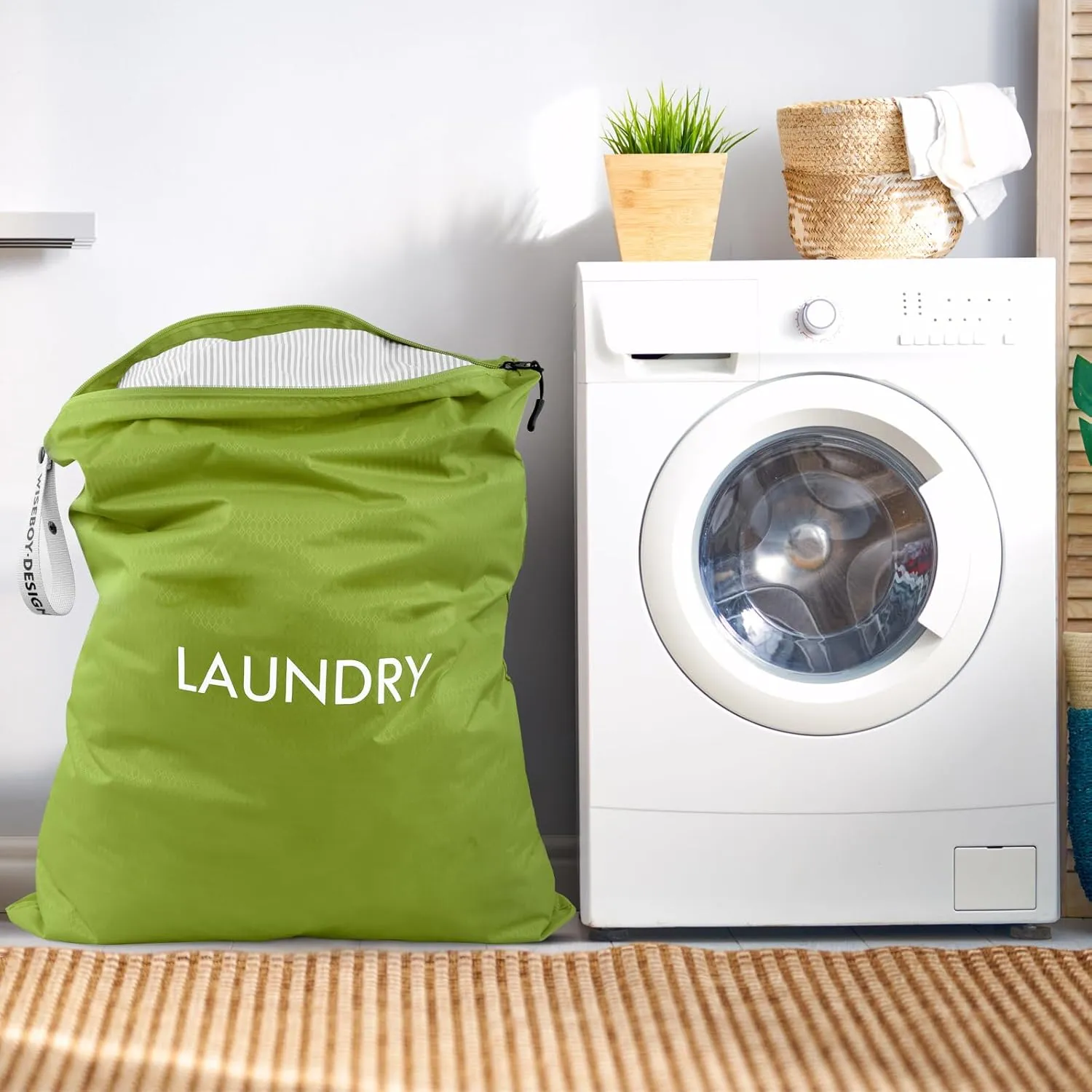 WiseBoy Laundry Bag, 23.6x35 inch Oversized Laundry Bags, Travel Laundry Bag Dirty Clothes Organizer, Nylon Wet Dry Storage Bag for College Dorm, Camping, Caravan, Green