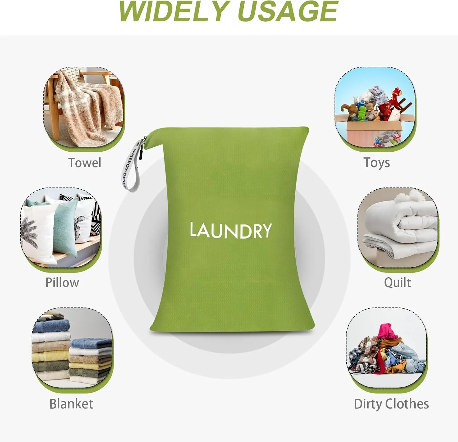 WiseBoy Laundry Bag, 23.6x35 inch Oversized Laundry Bags, Travel Laundry Bag Dirty Clothes Organizer, Nylon Wet Dry Storage Bag for College Dorm, Camping, Caravan, Green
