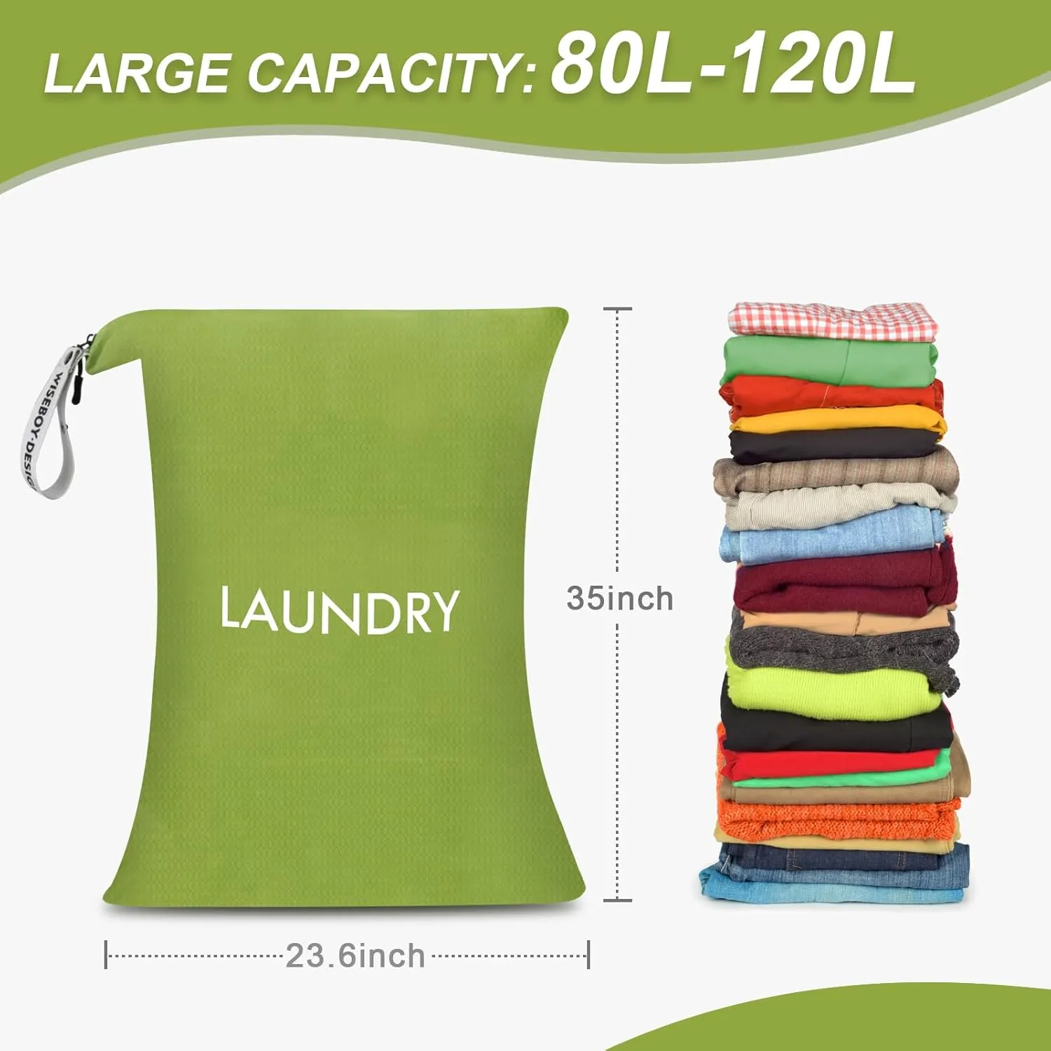 WiseBoy Laundry Bag, 23.6x35 inch Oversized Laundry Bags, Travel Laundry Bag Dirty Clothes Organizer, Nylon Wet Dry Storage Bag for College Dorm, Camping, Caravan, Green
