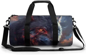Wolf with Glowing Eyes Fantasy Animal Round Barrel Gym Sport Bag Small Travel Duffel Bags Reusable Tote for Men Women