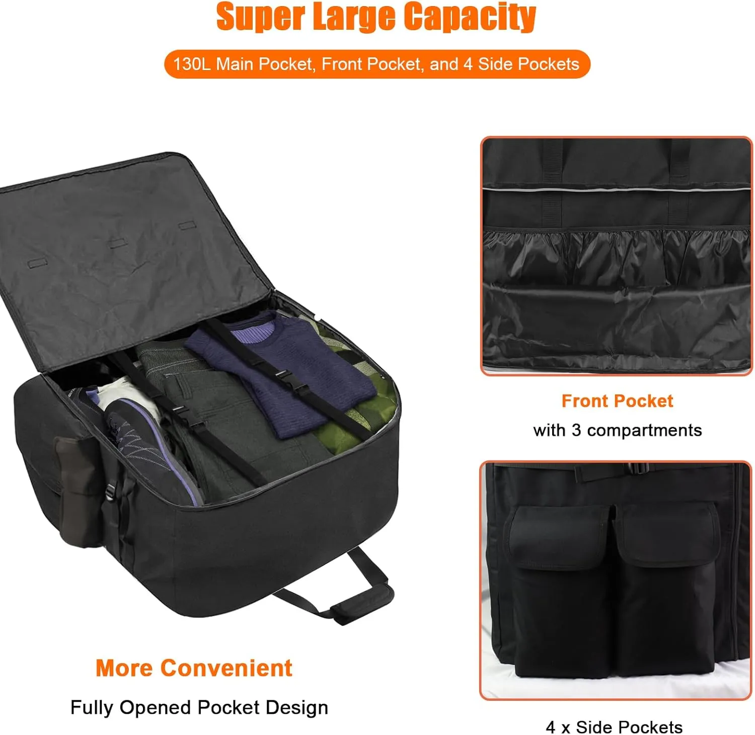 WOMACO Foldable Large Duffle Bag, 130 L Heavy Duty Travel Bag with Handles, Water Resistant Huge Camping Duffle Carrying Bag Collapsible Storage Bag (Black, 33.5"L x 15.7"D x 20"H)