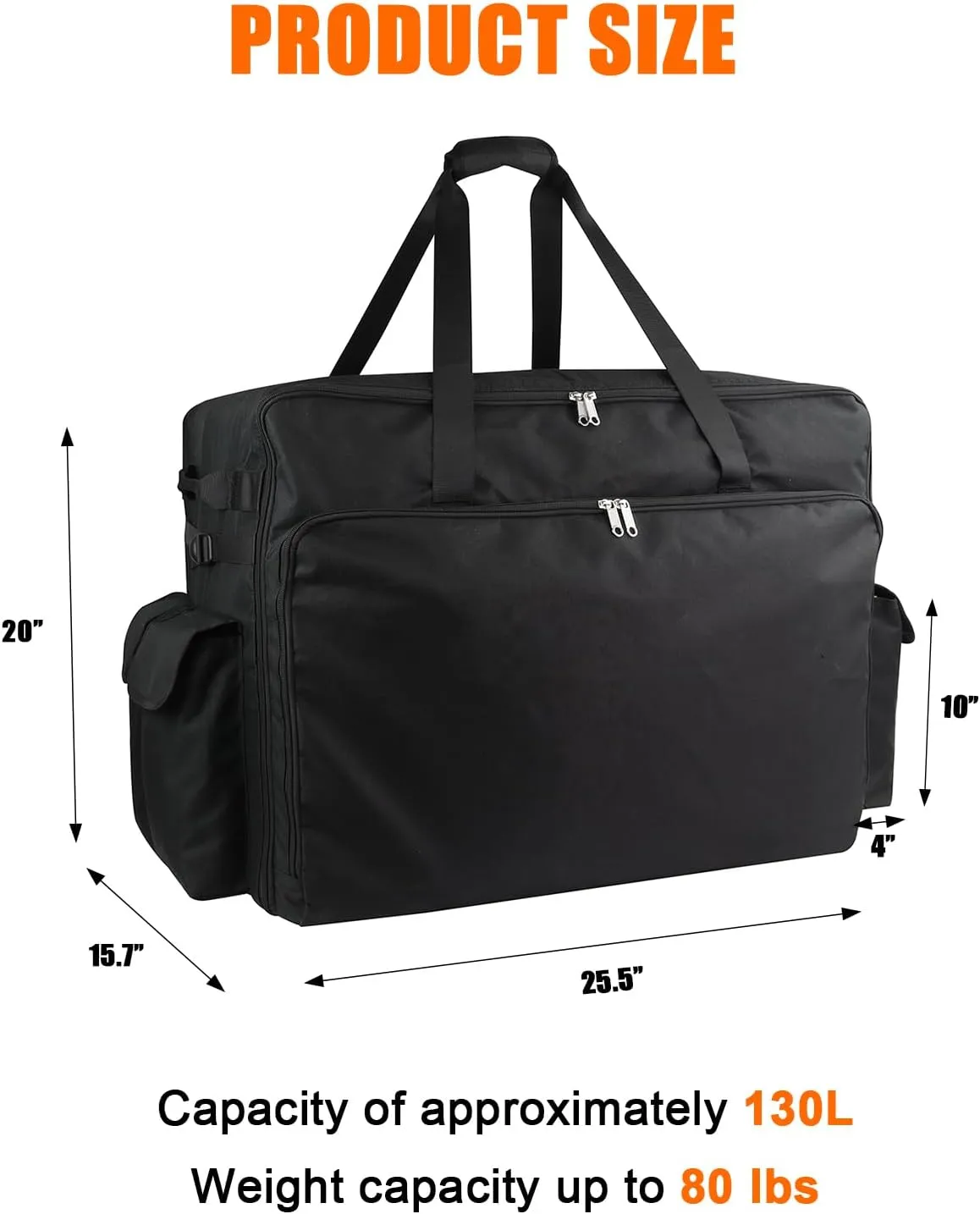 WOMACO Foldable Large Duffle Bag, 130 L Heavy Duty Travel Bag with Handles, Water Resistant Huge Camping Duffle Carrying Bag Collapsible Storage Bag (Black, 33.5"L x 15.7"D x 20"H)
