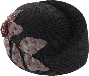 Women Beaded Beret Hat French Artist Cap with Flower Lightweight and Breathable for Flight Attendants and Aviation Professionals Stylish Accessory Black