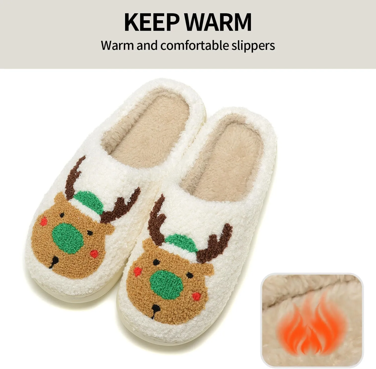 Women Christmas Reindeer Holiday Slippers：Moose Cute Cartoon Elk Fuzzy Warm House Men Xmas Winter Soft Cozy Slippers