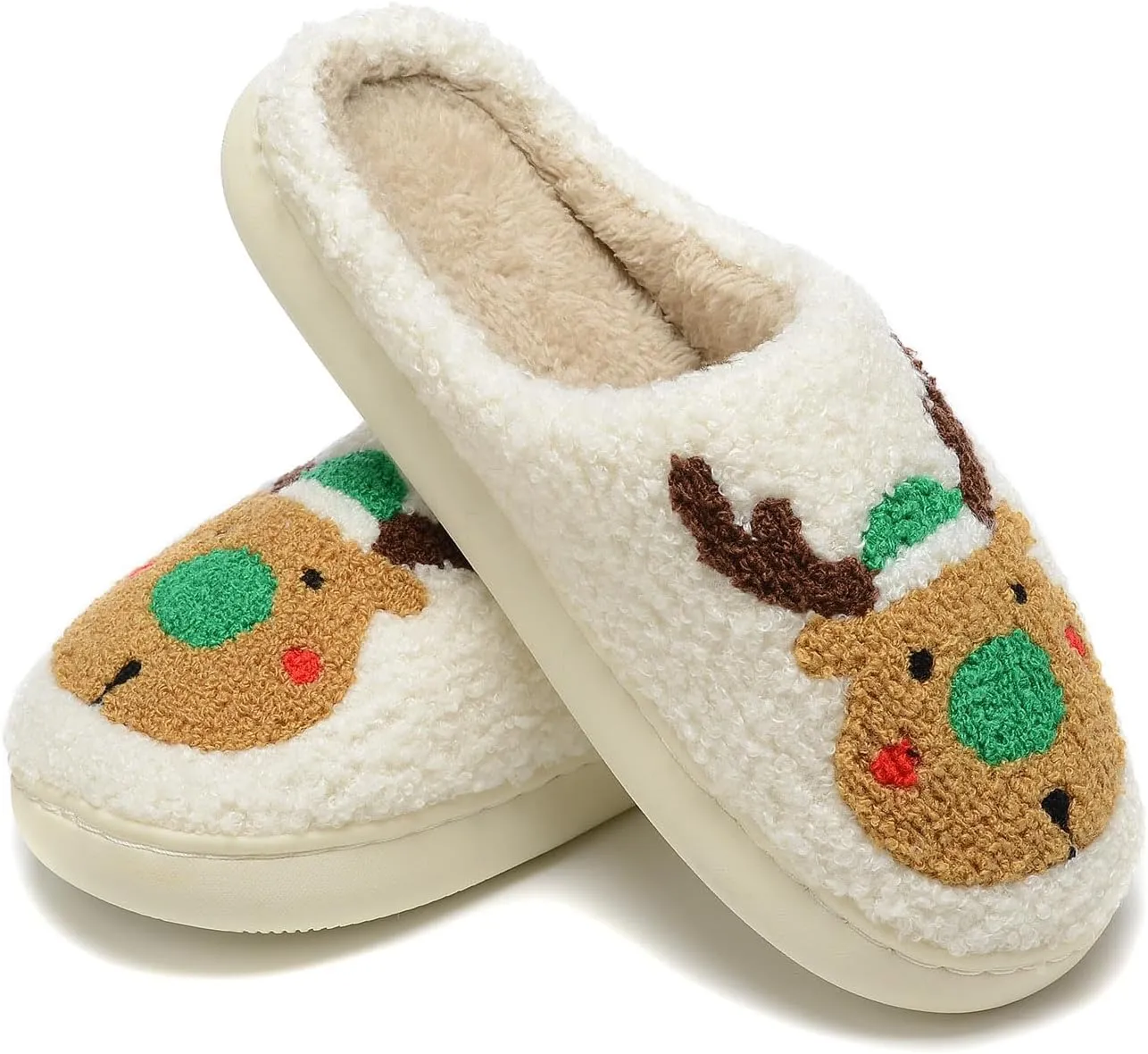 Women Christmas Reindeer Holiday Slippers：Moose Cute Cartoon Elk Fuzzy Warm House Men Xmas Winter Soft Cozy Slippers