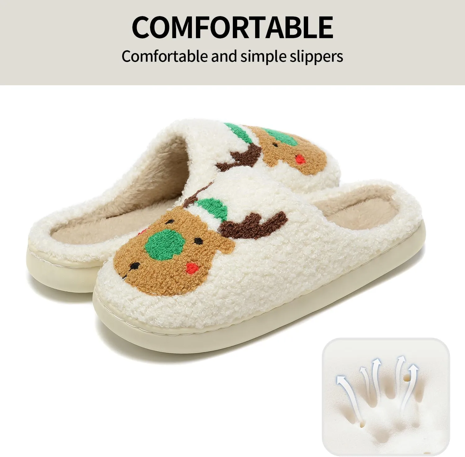 Women Christmas Reindeer Holiday Slippers：Moose Cute Cartoon Elk Fuzzy Warm House Men Xmas Winter Soft Cozy Slippers