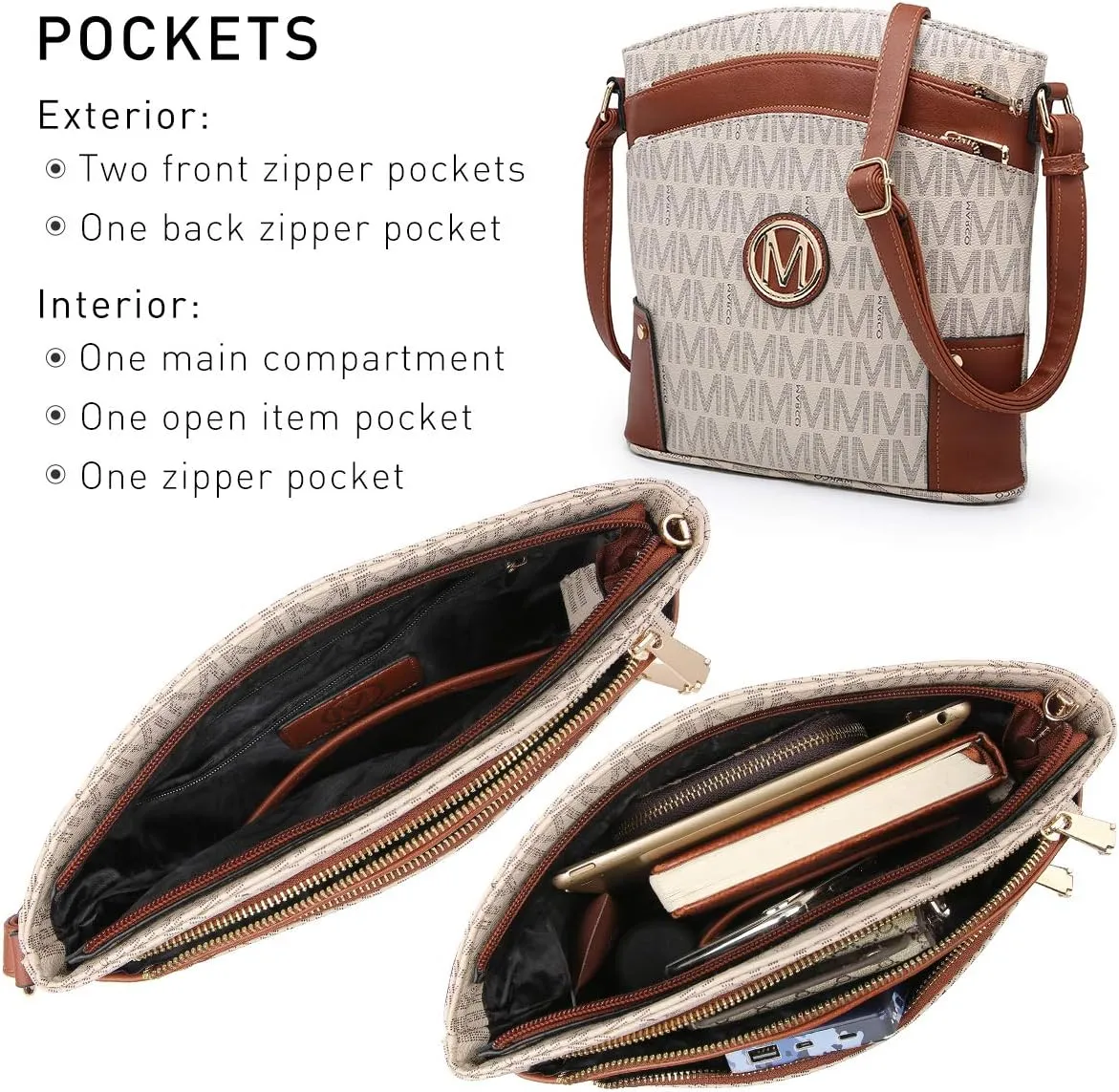 Women Crossbody Purses Multi Pockets Large Signature Monogram Zip Shoulder Bags Ladies PU Leather Handbag