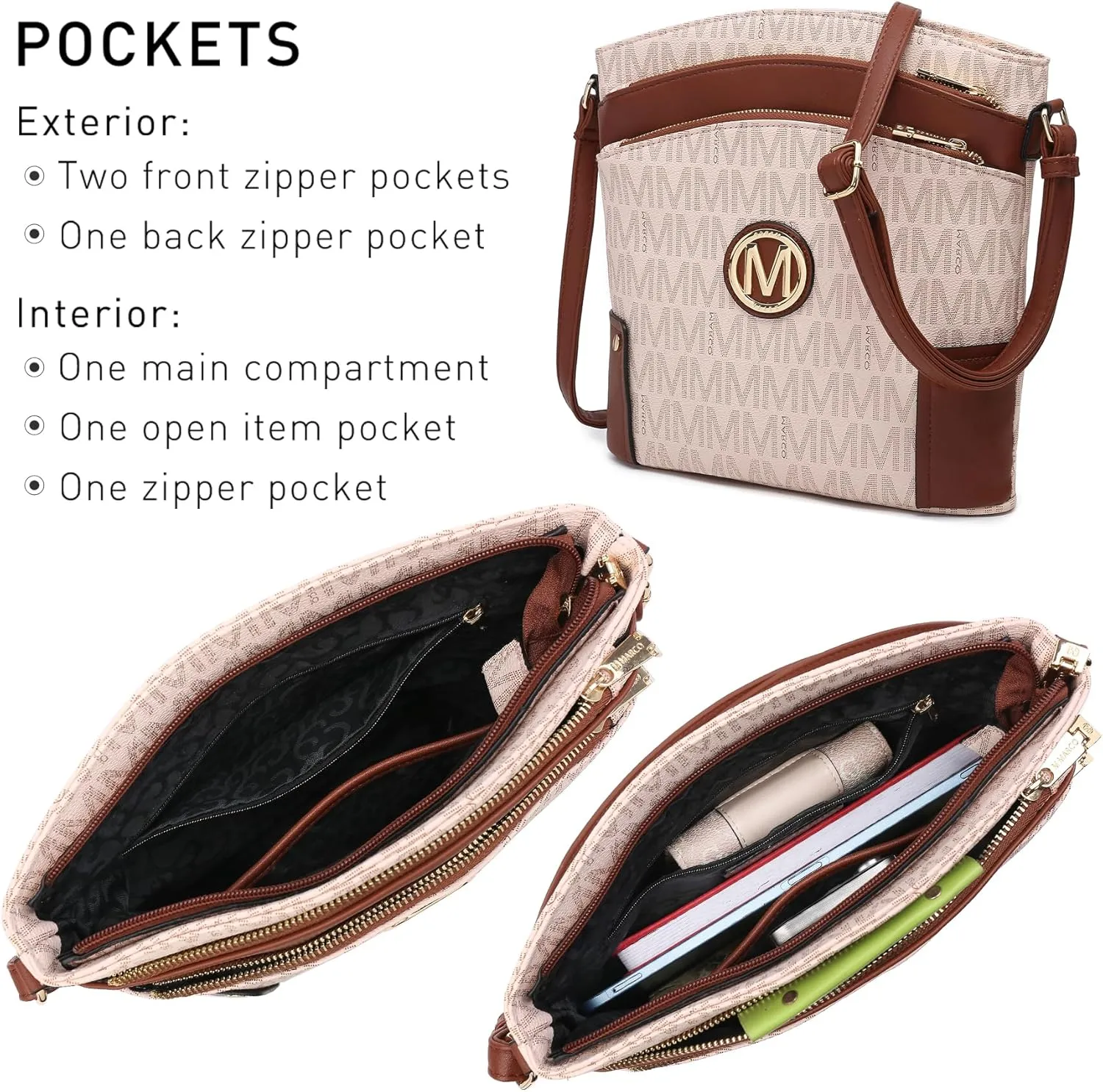 Women Crossbody Purses Multi Pockets Large Signature Monogram Zip Shoulder Bags Ladies PU Leather Handbag