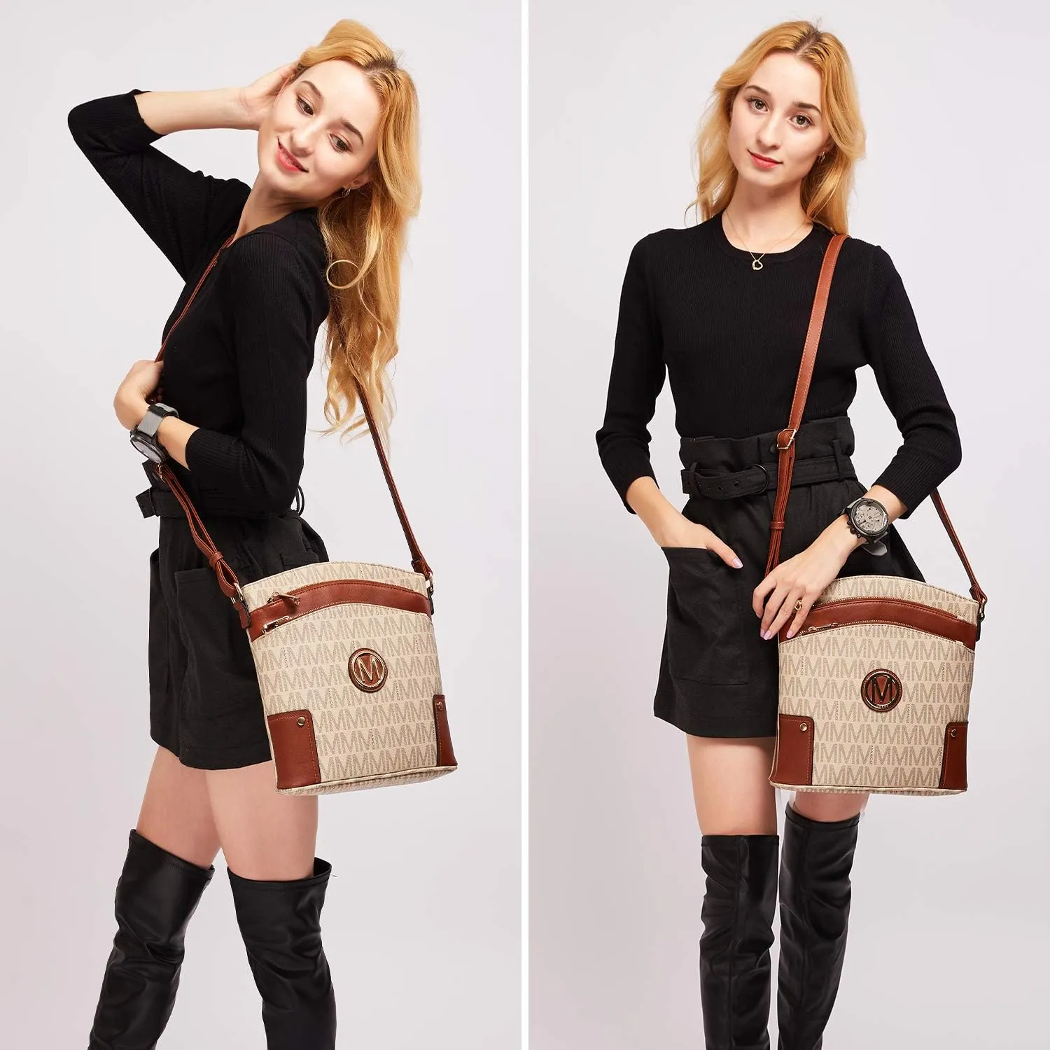 Women Crossbody Purses Multi Pockets Large Signature Monogram Zip Shoulder Bags Ladies PU Leather Handbag