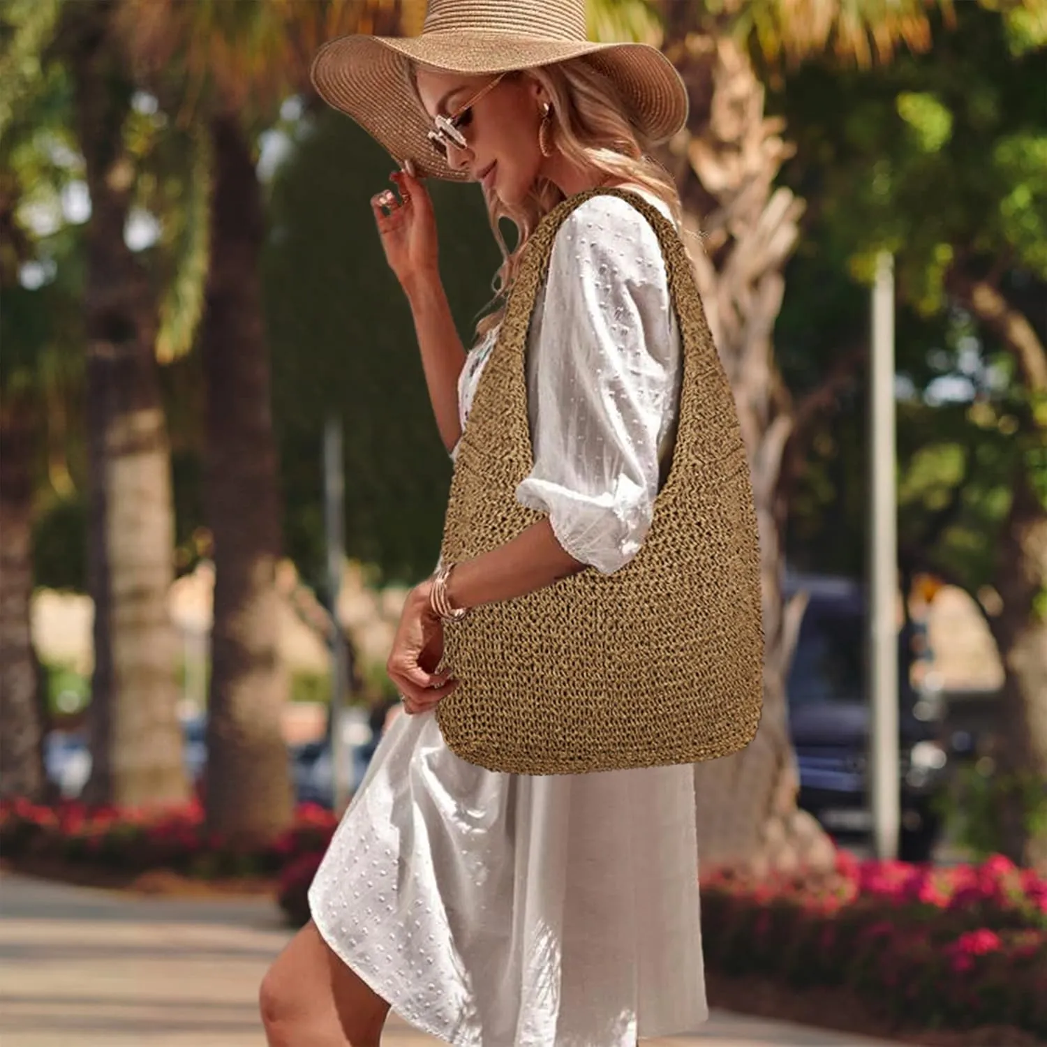 Women Large Straw Beach Bag Handmade Woven Shoulder Bags Hobo Tote Handbag Purse for Summer