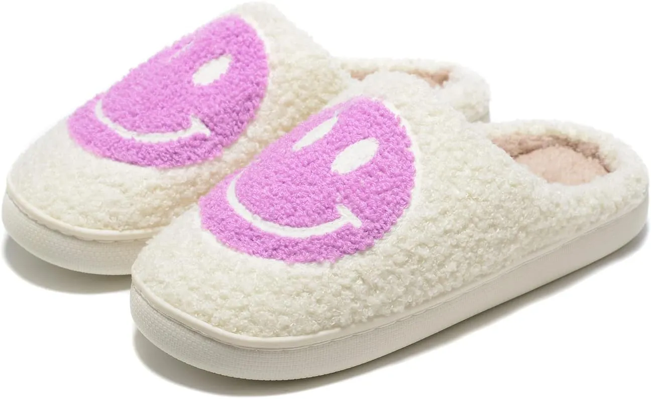 Women Men Retro Fuzzy Face Slippers Retro Soft Fluffy Warm Home Non-Slip Couple Style Casual Happy Face Slippers Soft Memory Foam Fuzzy Slides Indoor Outdoor Anti-Skid Warm Cozy Foam Slide