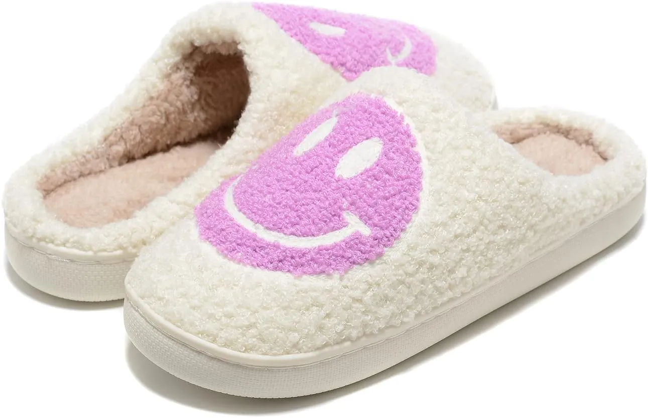 Women Men Retro Fuzzy Face Slippers Retro Soft Fluffy Warm Home Non-Slip Couple Style Casual Happy Face Slippers Soft Memory Foam Fuzzy Slides Indoor Outdoor Anti-Skid Warm Cozy Foam Slide