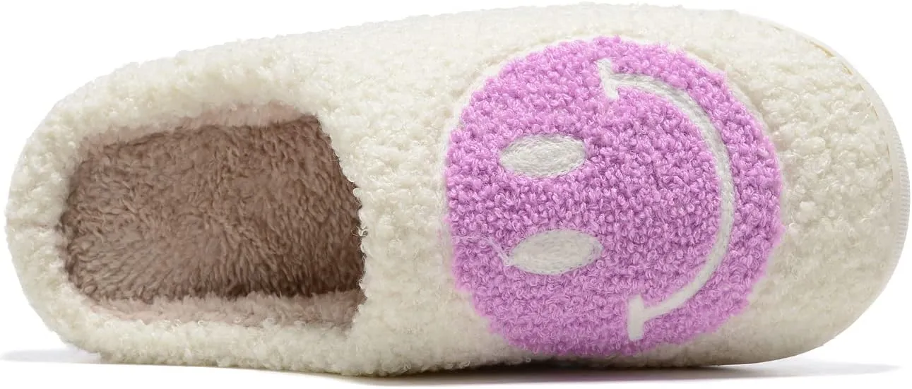Women Men Retro Fuzzy Face Slippers Retro Soft Fluffy Warm Home Non-Slip Couple Style Casual Happy Face Slippers Soft Memory Foam Fuzzy Slides Indoor Outdoor Anti-Skid Warm Cozy Foam Slide