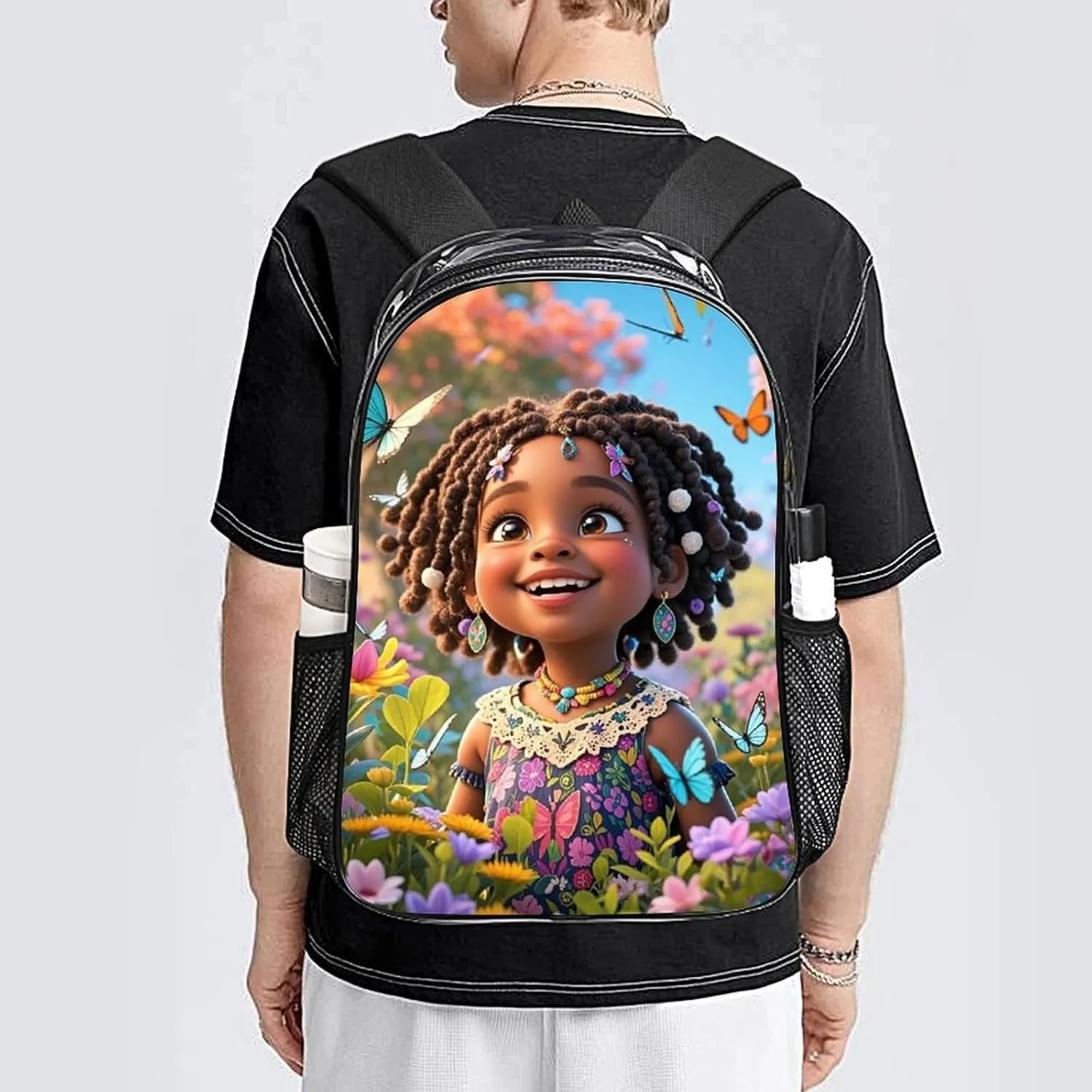 Women Men Transparent Colorful Afro American Black Women With Butterflies Art Casual Daypack Large Capacity Bookbag With Side Pockets for Sports Picnic Walking Cycling