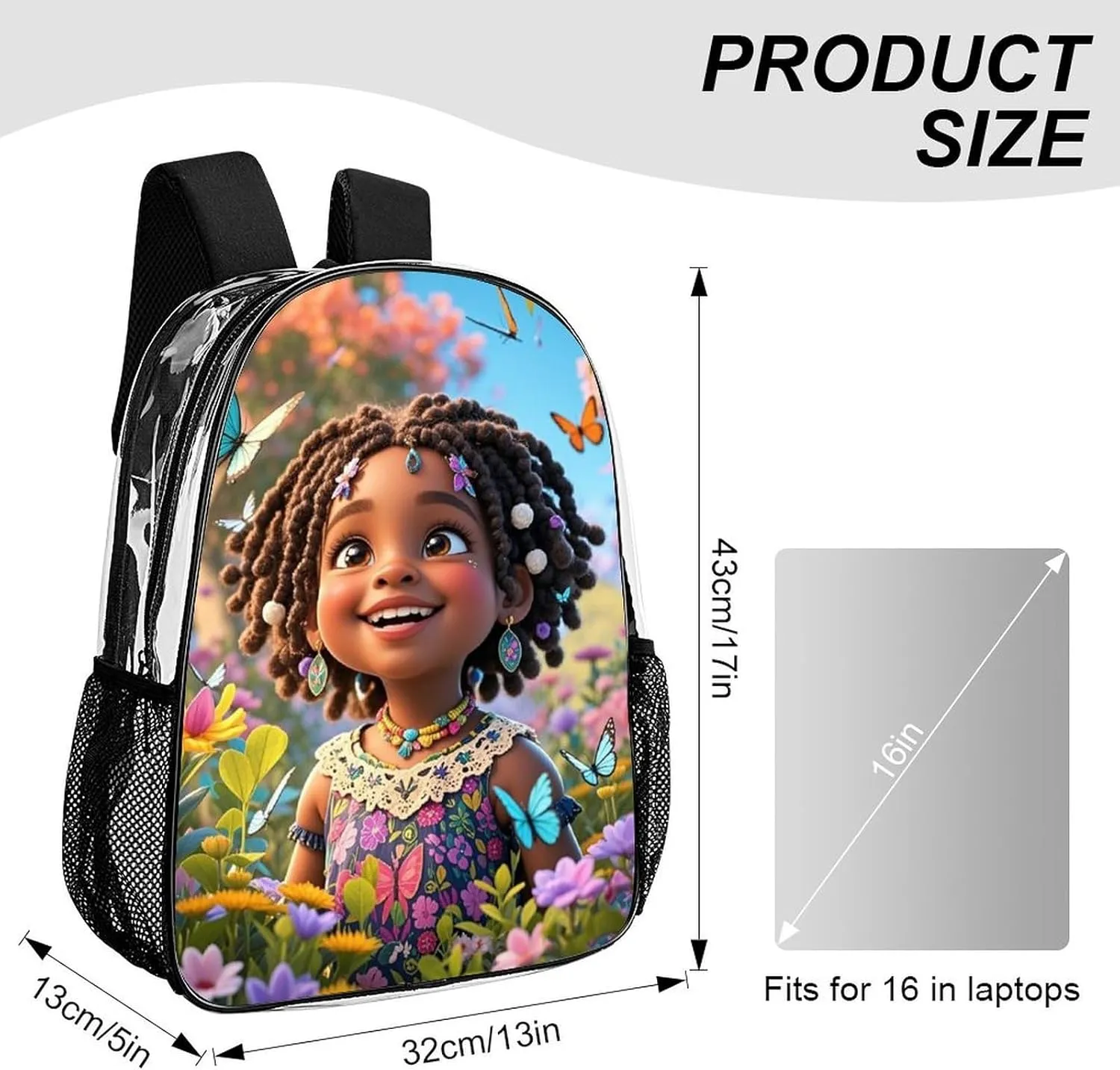 Women Men Transparent Colorful Afro American Black Women With Butterflies Art Casual Daypack Large Capacity Bookbag With Side Pockets for Sports Picnic Walking Cycling