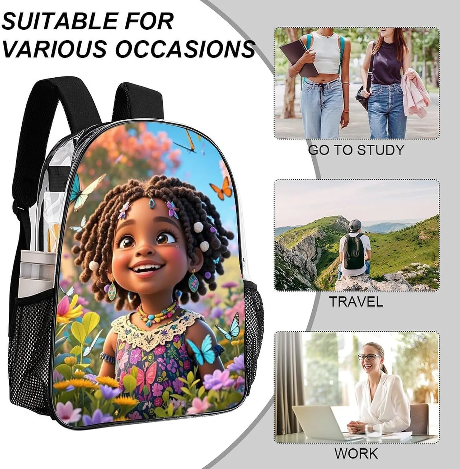 Women Men Transparent Colorful Afro American Black Women With Butterflies Art Casual Daypack Large Capacity Bookbag With Side Pockets for Sports Picnic Walking Cycling