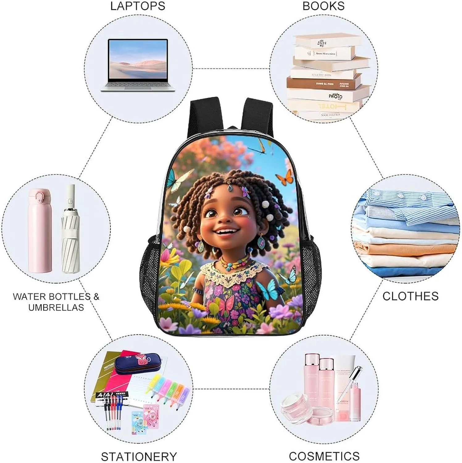 Women Men Transparent Colorful Afro American Black Women With Butterflies Art Casual Daypack Large Capacity Bookbag With Side Pockets for Sports Picnic Walking Cycling