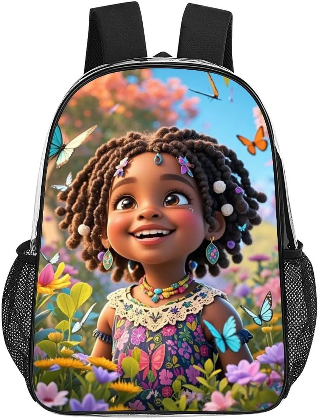 Women Men Transparent Colorful Afro American Black Women With Butterflies Art Casual Daypack Large Capacity Bookbag With Side Pockets for Sports Picnic Walking Cycling