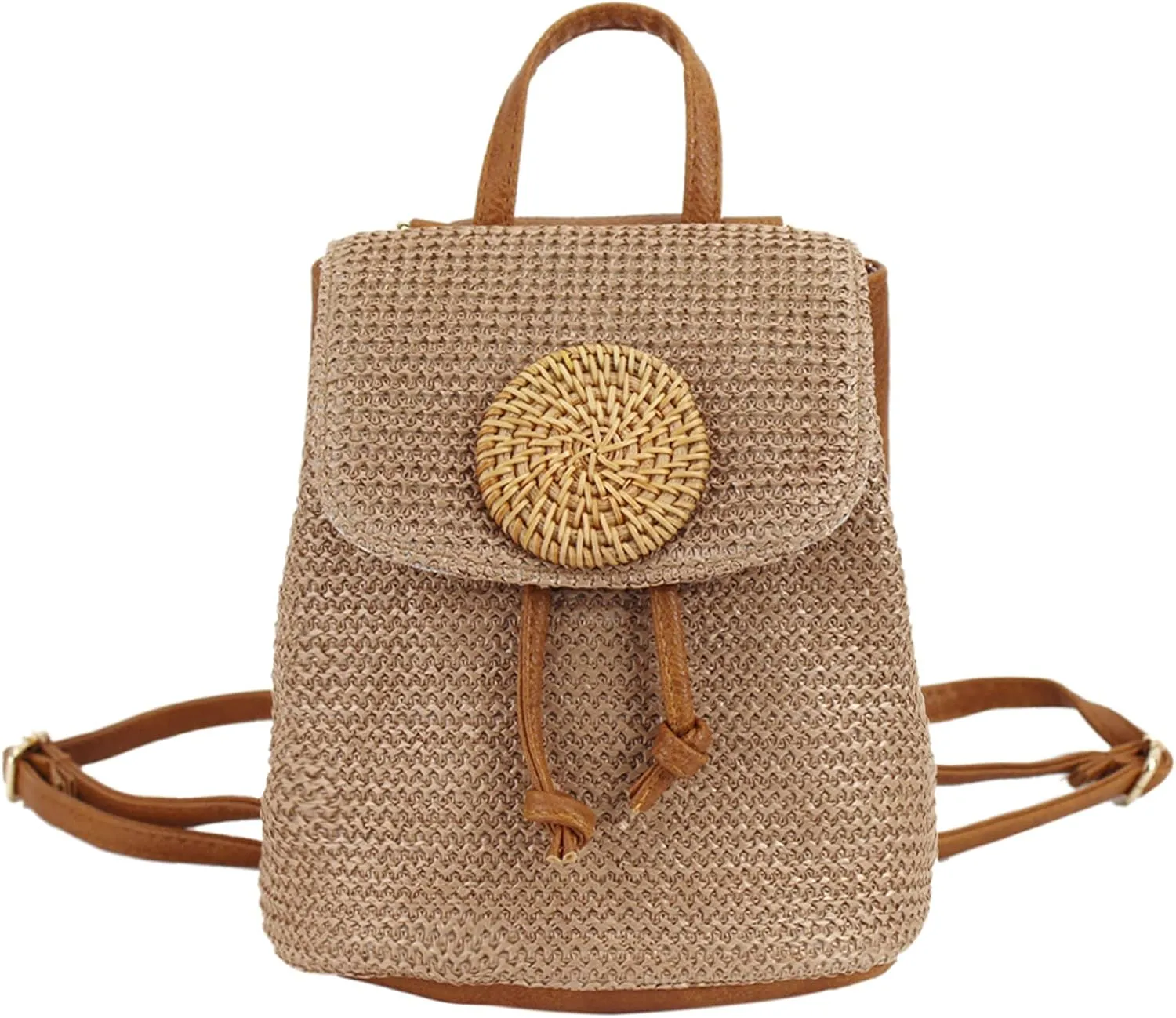 Women Small Straw Woven Backpack Daypack Cross-body Shoulder Bag