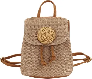 Women Small Straw Woven Backpack Daypack Cross-body Shoulder Bag
