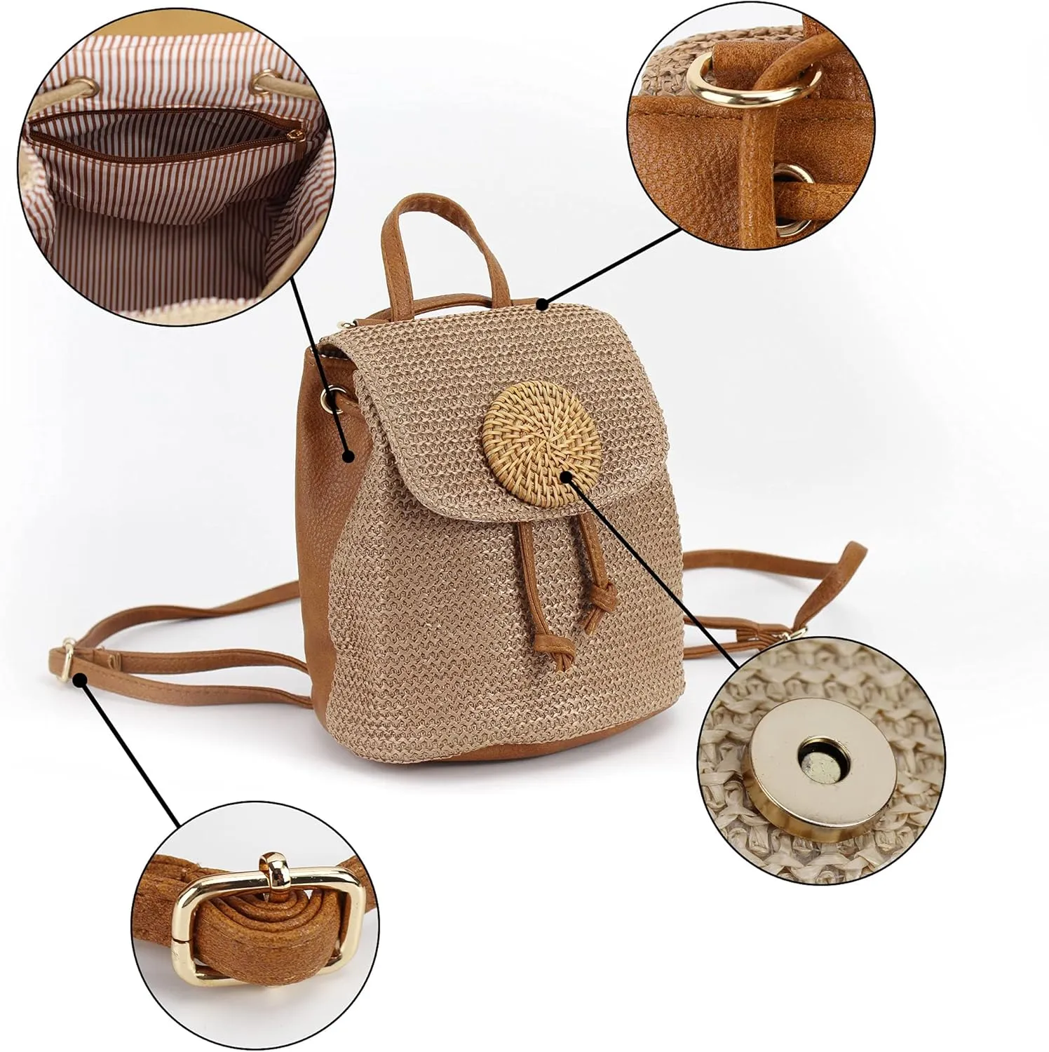 Women Small Straw Woven Backpack Daypack Cross-body Shoulder Bag