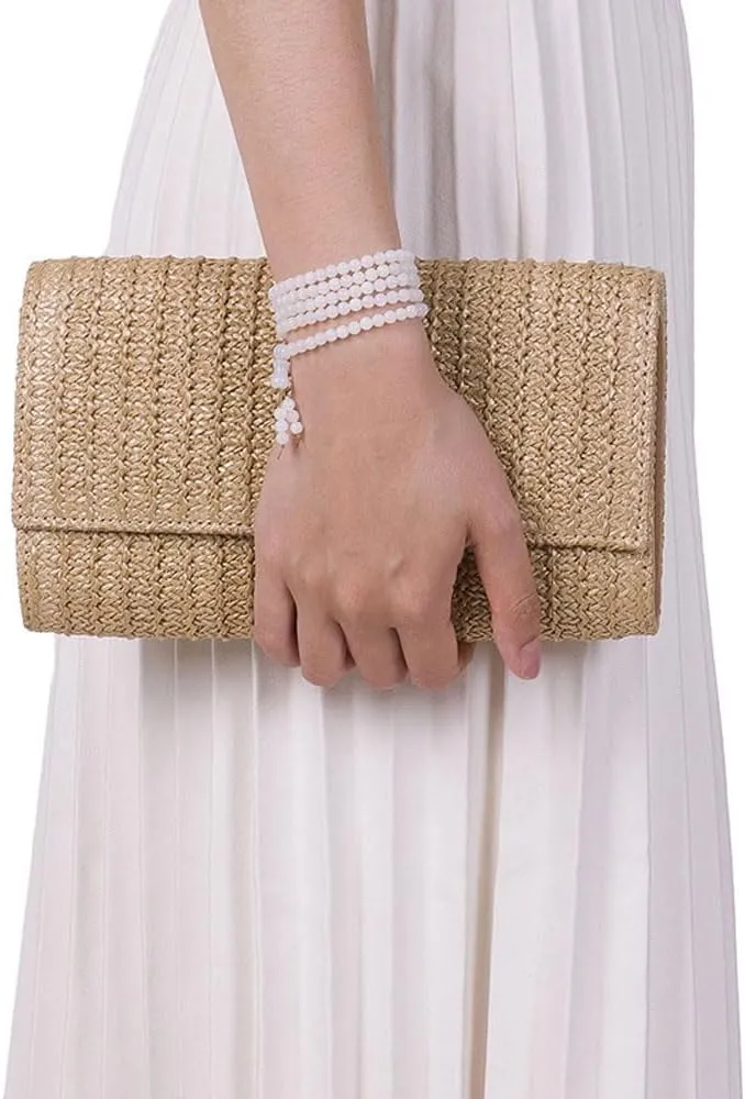 Women Straw Beach Clutch Purse Handbag Summer Elegant Vacation Style Shoulder Bag Crossbody Bag