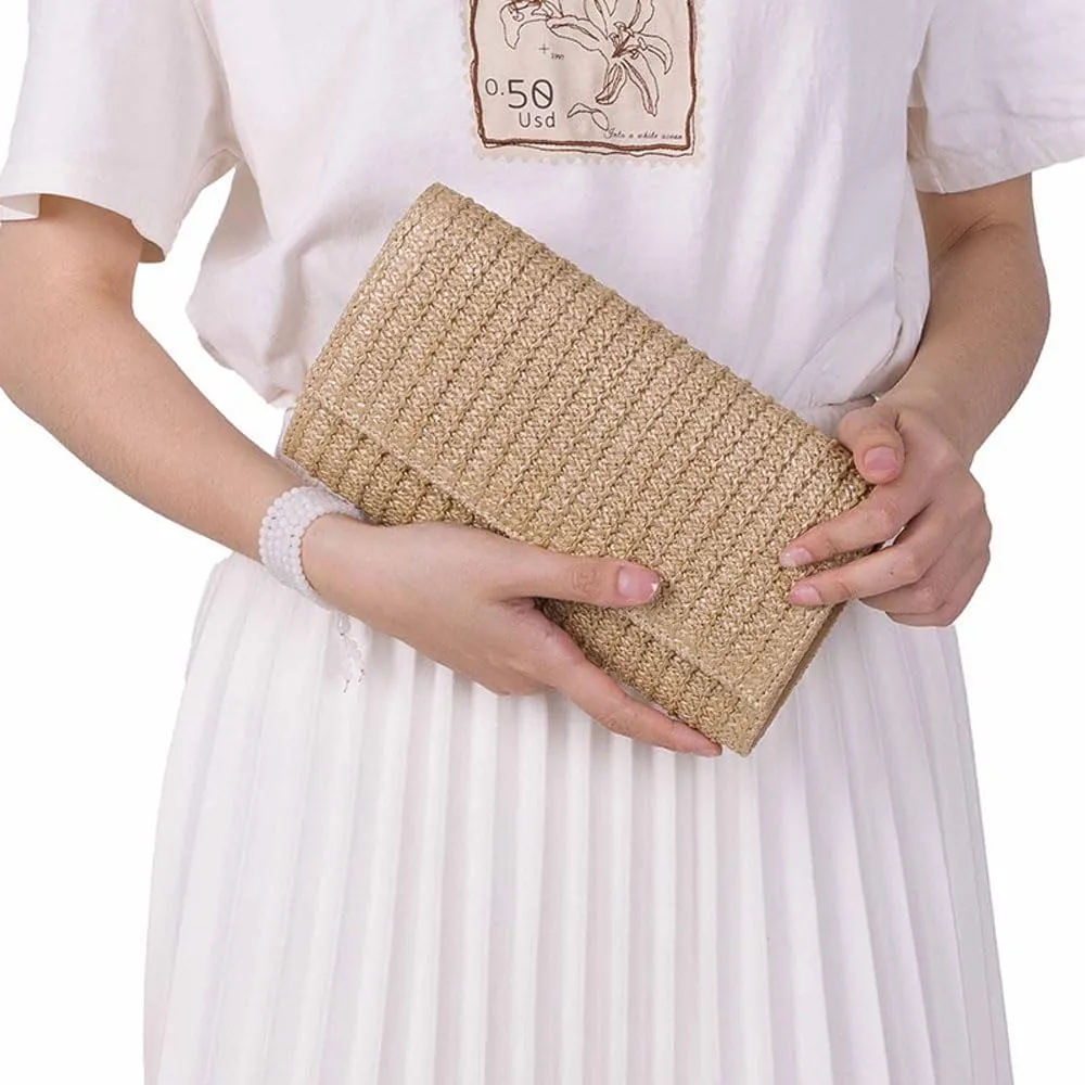 Women Straw Beach Clutch Purse Handbag Summer Elegant Vacation Style Shoulder Bag Crossbody Bag