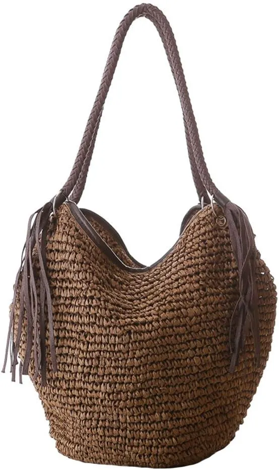 Women Straw Shoulder Bag Summer Beach Bag Tassels Tote Bag Cotton Lining Top Handle Shopper Handbag Bucket Bag