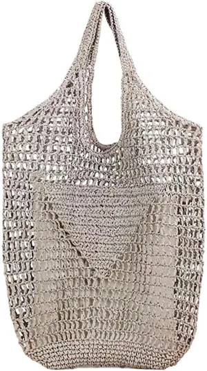 Women Straw Woven Tote Bag, Mesh Hollow Woven Beach Bag, Large Travel Shoulder Handbags Hobo Bag