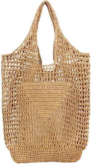 Women Straw Woven Tote Bag, Mesh Hollow Woven Beach Bag, Large Travel Shoulder Handbags Hobo Bag