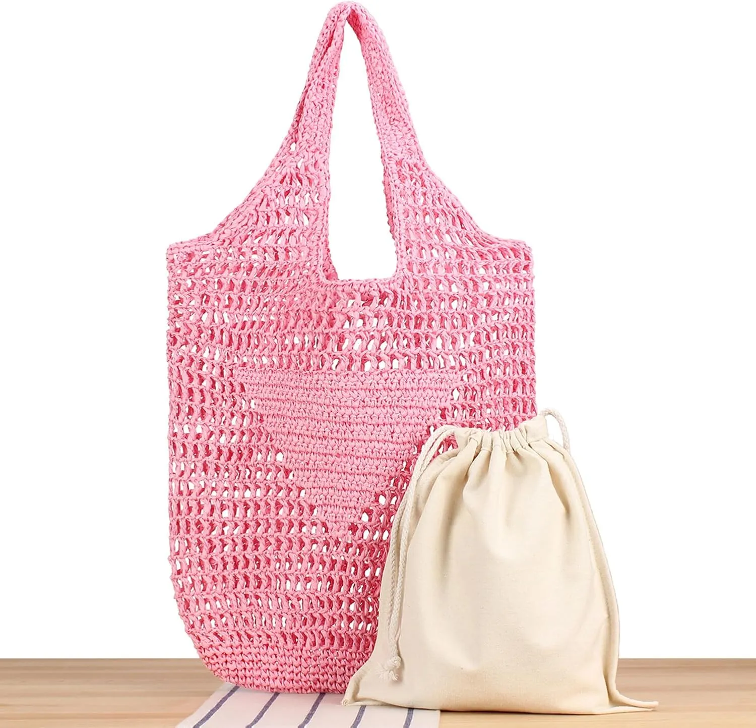 Women Straw Woven Tote Bag, Mesh Hollow Woven Beach Bag, Large Travel Shoulder Handbags Hobo Bag