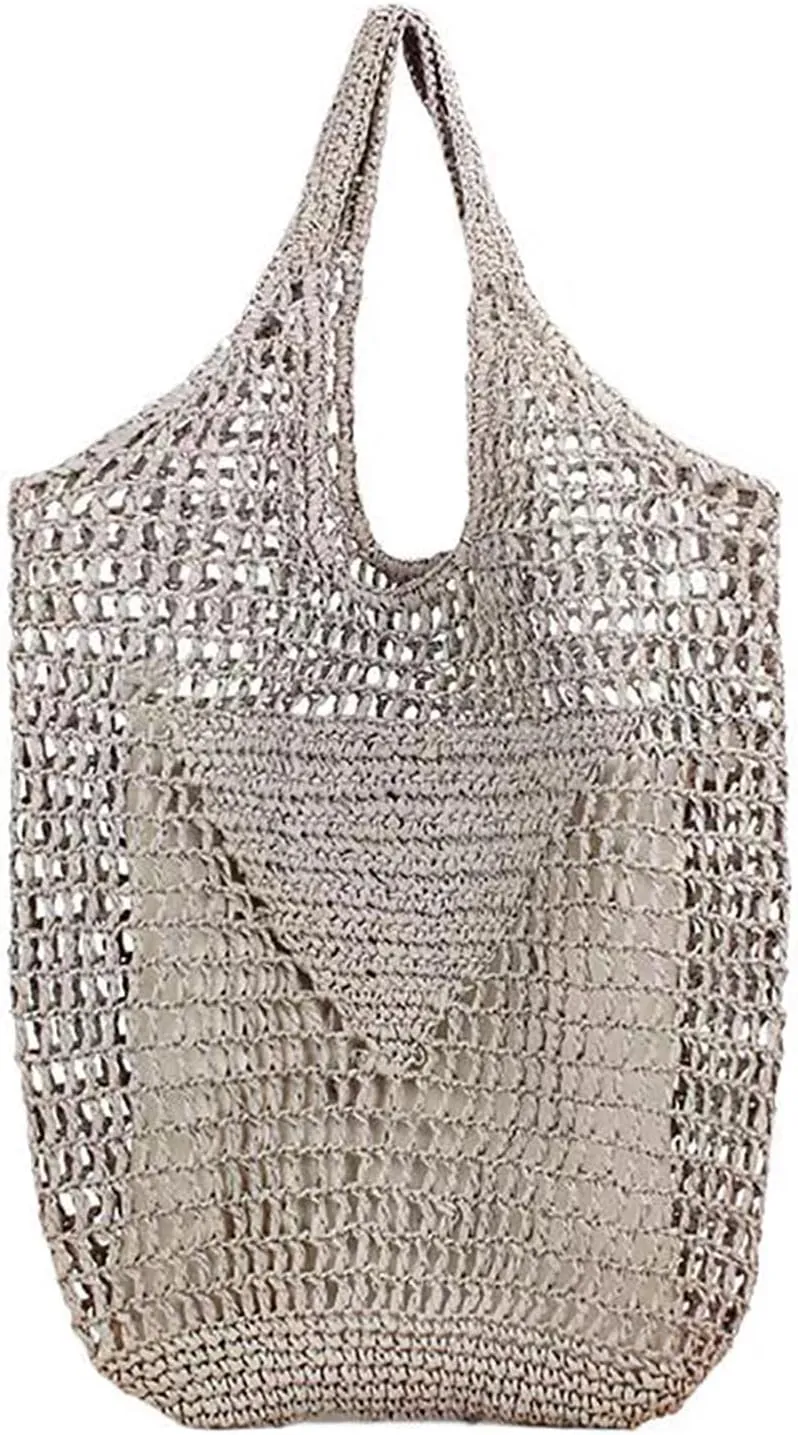 Women Straw Woven Tote Bag, Mesh Hollow Woven Beach Bag, Large Travel Shoulder Handbags Hobo Bag