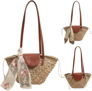Women Straw Woven Tote Bag Summer Beach Bags Large Capacity Fashion Woven Handbag with Ribbon Weaving Shoulder Bag f